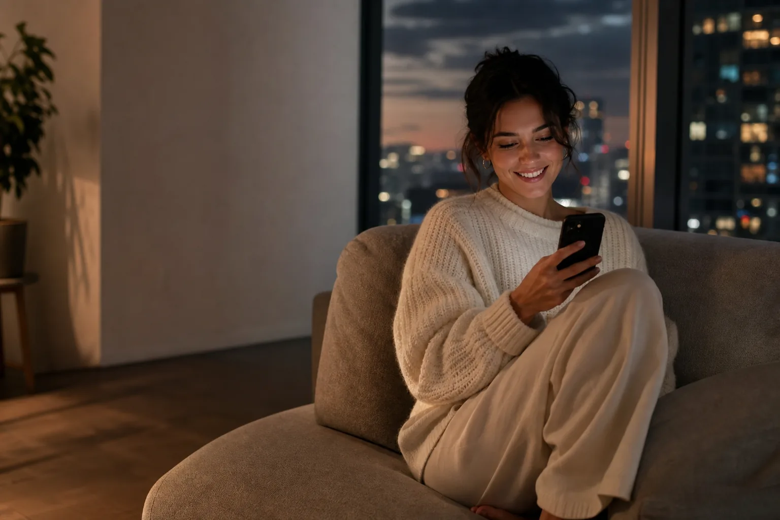 Woman on a sofa in the evening, smiling at a message on her phone