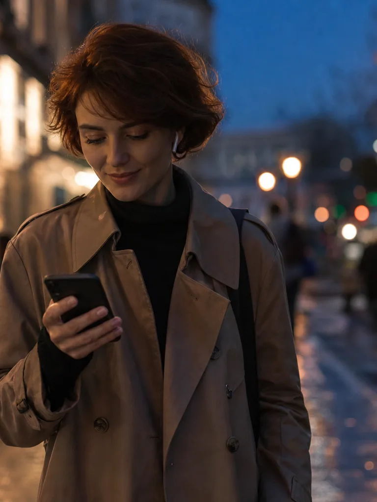 Woman walking through the city at dusk with earbuds in