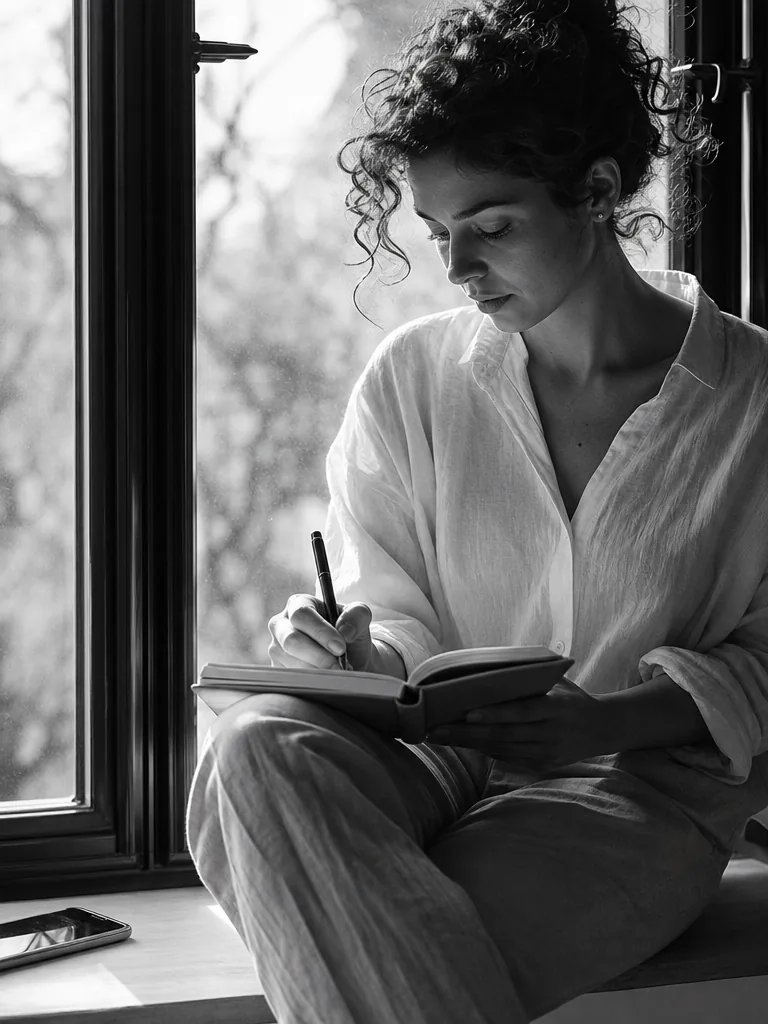Woman writing in a notebook by a window in morning light